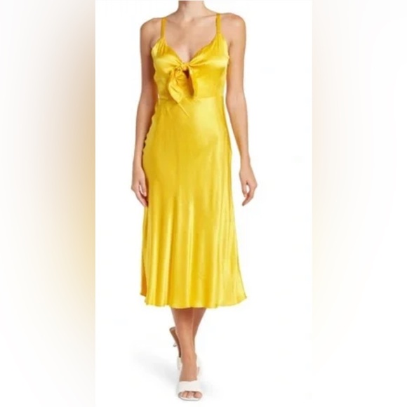 Small NWOT SOCIALITE Front tie Yellow Satin Midi Dress - Picture 2 of 3